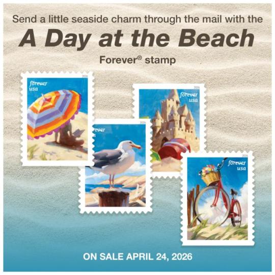 Back Cover: Send a little seaside charm through the mail with the A Day at the Beach Forever stamp. On Sale April 24, 2026.