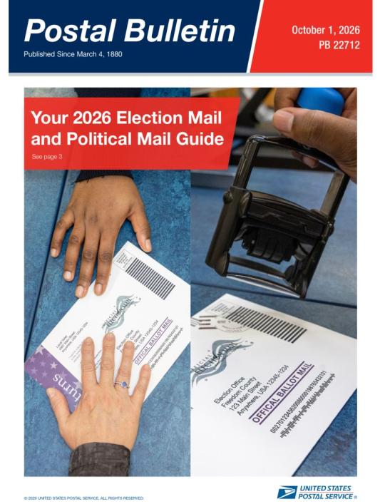 Front Cover: Postal Bulletin 22712. October 1, 2026. Your 2026 Election Mail and Political Mail Guide.