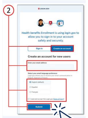 Step 2: Health benefits enrollment is using login.gov to allow you to sign in to your account safely and securely. Create Account steps