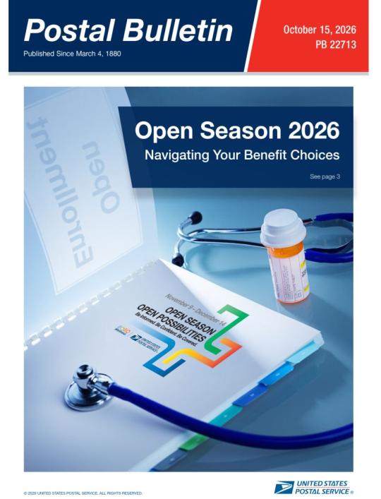 Front Cover: Postal Bulletin 22713. October 15, 2026. Open Season 2026 Navigating Your Benefit Choices