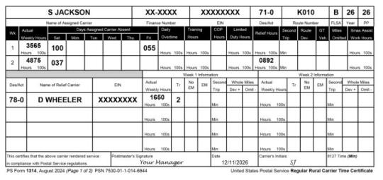 Exhibit 2. Regular Carrier Not on Relief Day Work List Works Relief Day (Week 2) and Does Not Receive an X Day in the Same Pay Period
