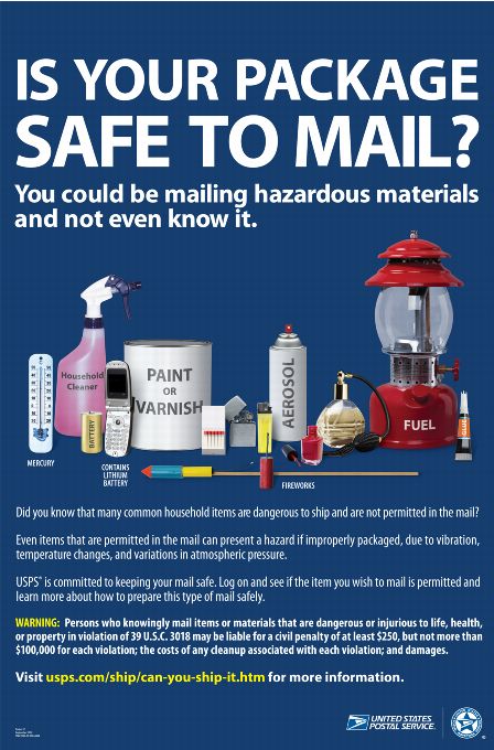 Poster shows some items that are unsafe to mail