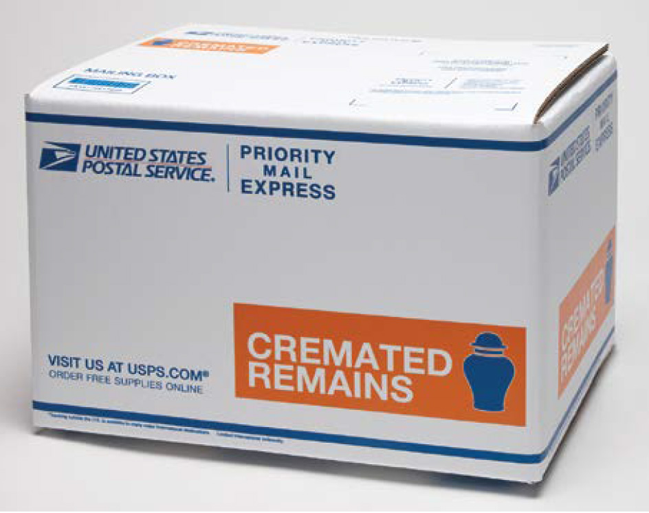 united states postal service priority mail express box supplied to customers to ship cremated remains