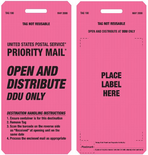 Tag 190, Priority Mail Open and Distribute (Pink)
