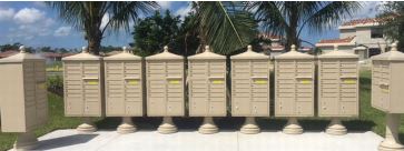 image of freestanding, pedestal-mounted mailboxs