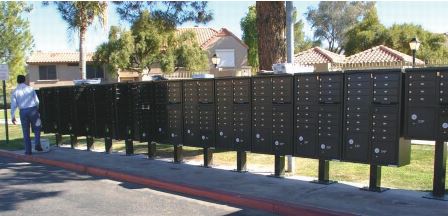 image of freestanding, pedestal-mounted mailboxs