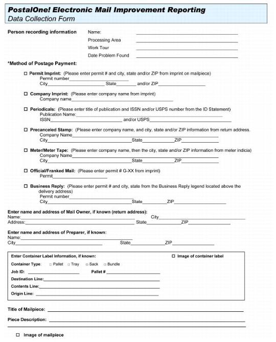 PostalOne! Electronic Mail Improvement Reporting Data Collection Form