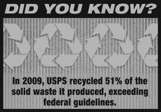 did you know? in 2009, usps recycled 51% of the solid waste it produced, exceeding federal guidelines.