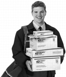 image of al the carrier holding all the priority mail flat rate products