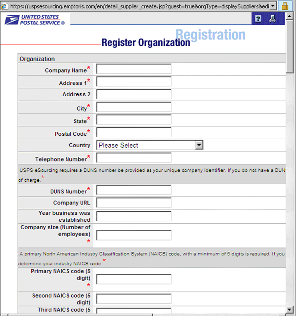 eSourcing Register Organization Page