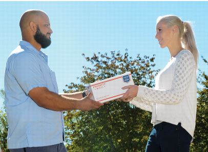 Carrier and customer with priority mail package.
