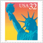 stamp art featuring the Statue of Liberty