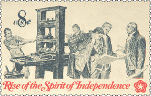 stamp art featuring the 'Rise of the Spirit of Independence'