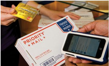Customer payment options, credit card and mobile phone with priority mail package.