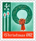 Image of first Christmas-themed U.S. postage stamp, a 4-cent stamp featuring a wreath and candles issued in 1962