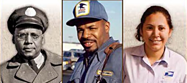 Showing three different Postal workers from three different time periods depicting a diverse workforce.