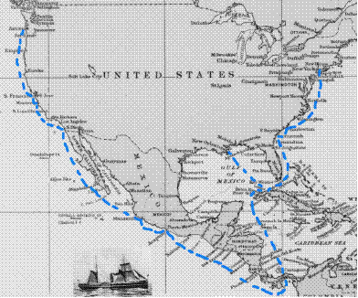 Map of North and Central America showing the route that the mail traveled to California by steamship, via the Panama Canal