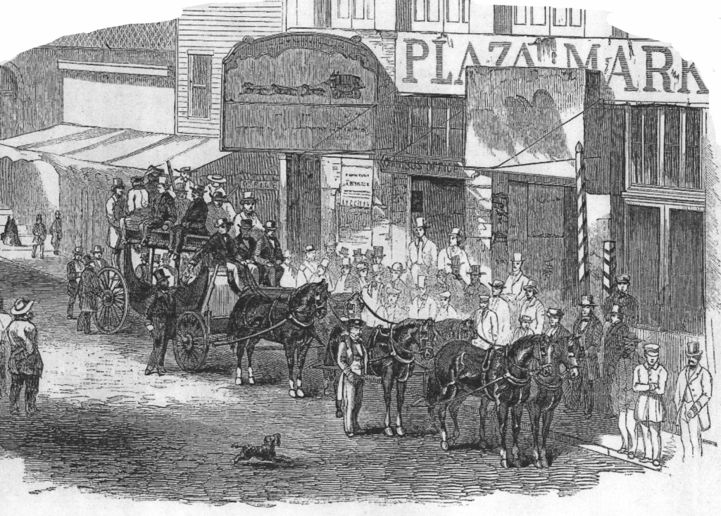 Illustration from the December 11, 1858, issue of 'Harper's Weekly,' showing a Butterfield Overland Mail stagecoach preparing to depart from San Francisco.