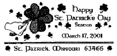 Image of pictorial postmark offered at the Saint Patrick, Missouri, Post Office in 2001.