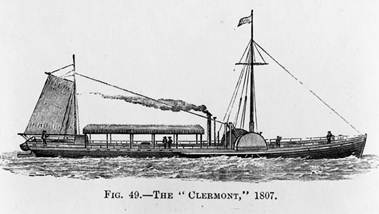 Illustration of Robert Fulton's 1807 steamboat Clermont from 'The Steam Engine and Its Inventors: A Historical Sketch,' by Robert L. Galloway