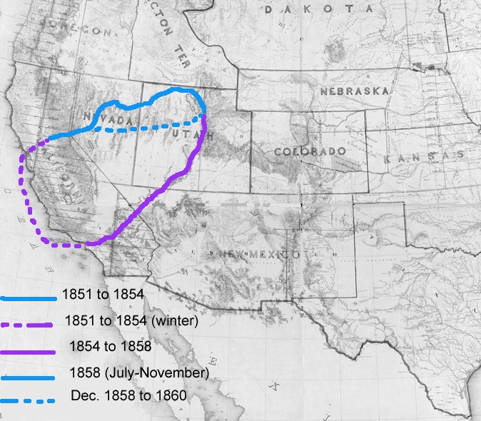 Map showing routes used by George Chorpenning to carry mail from Salt Lake City to California, as follows:   -- 1851 to 1854, from Salt Lake City to Sacramento (via San Pedro -- using steamships and the Mormon Trail -- in the winter months) -- 1854 to 1858, from Salt Lake City to San Pedro -- 1858 to 1860, from Salt Lake City to Placerville.